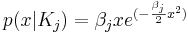  p(x|K_j) = \beta_j x e^{(-\frac{\beta_j}{2}x^2)} 