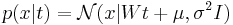 p(x|t) = \mathcal{N}(x | Wt + \mu , \sigma^2 I)